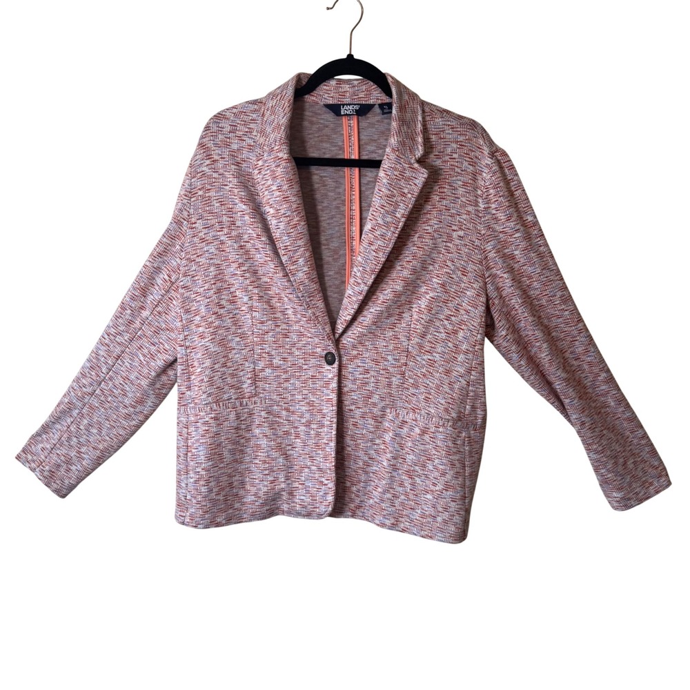 Lands End‎ XL 18 Knit Blazer Jacket Pink Orange Textured Cotton Stretch Casual